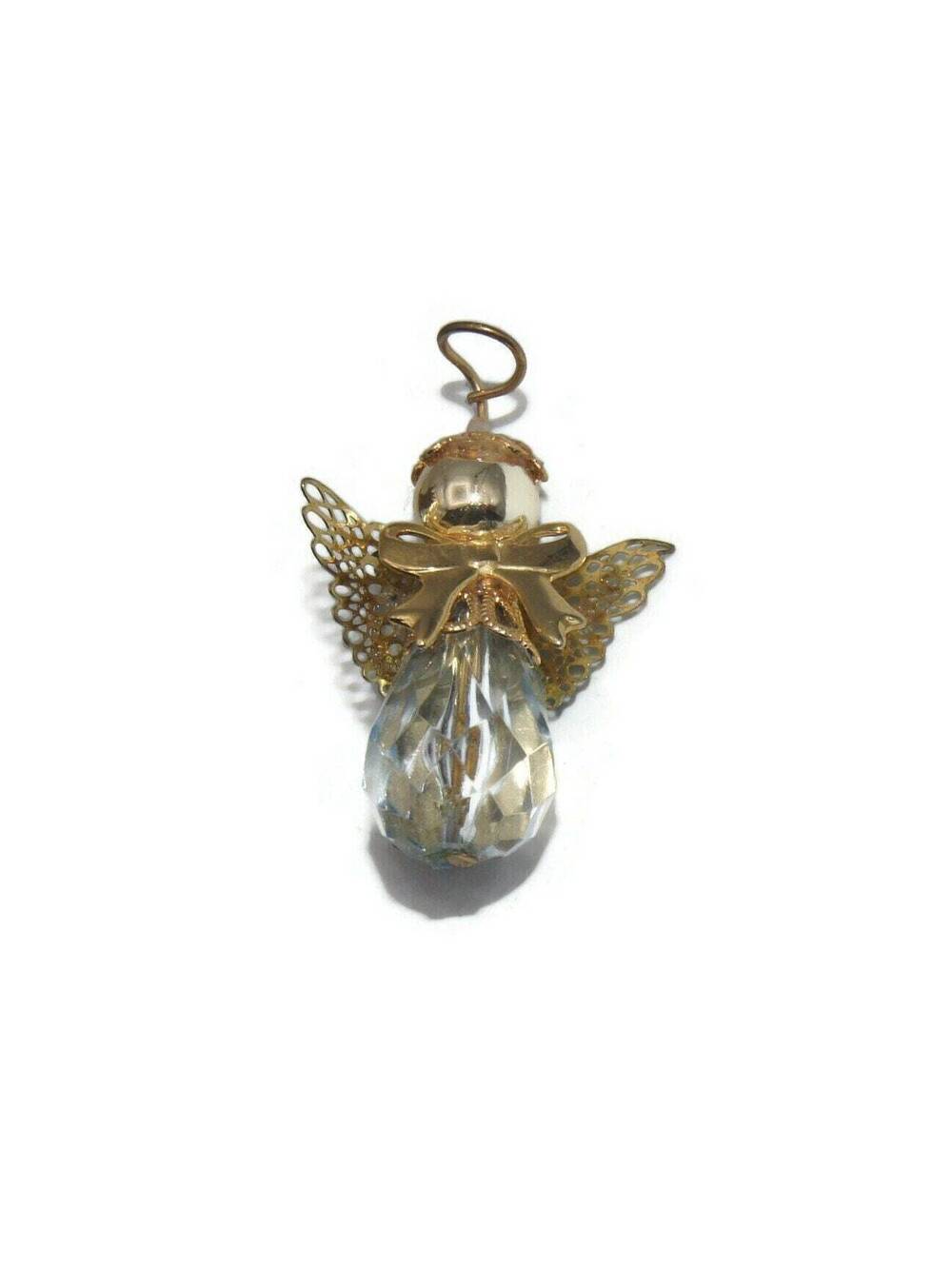 Vintage Gold Tone and Clear Faceted Plastic Angel Brooch.
